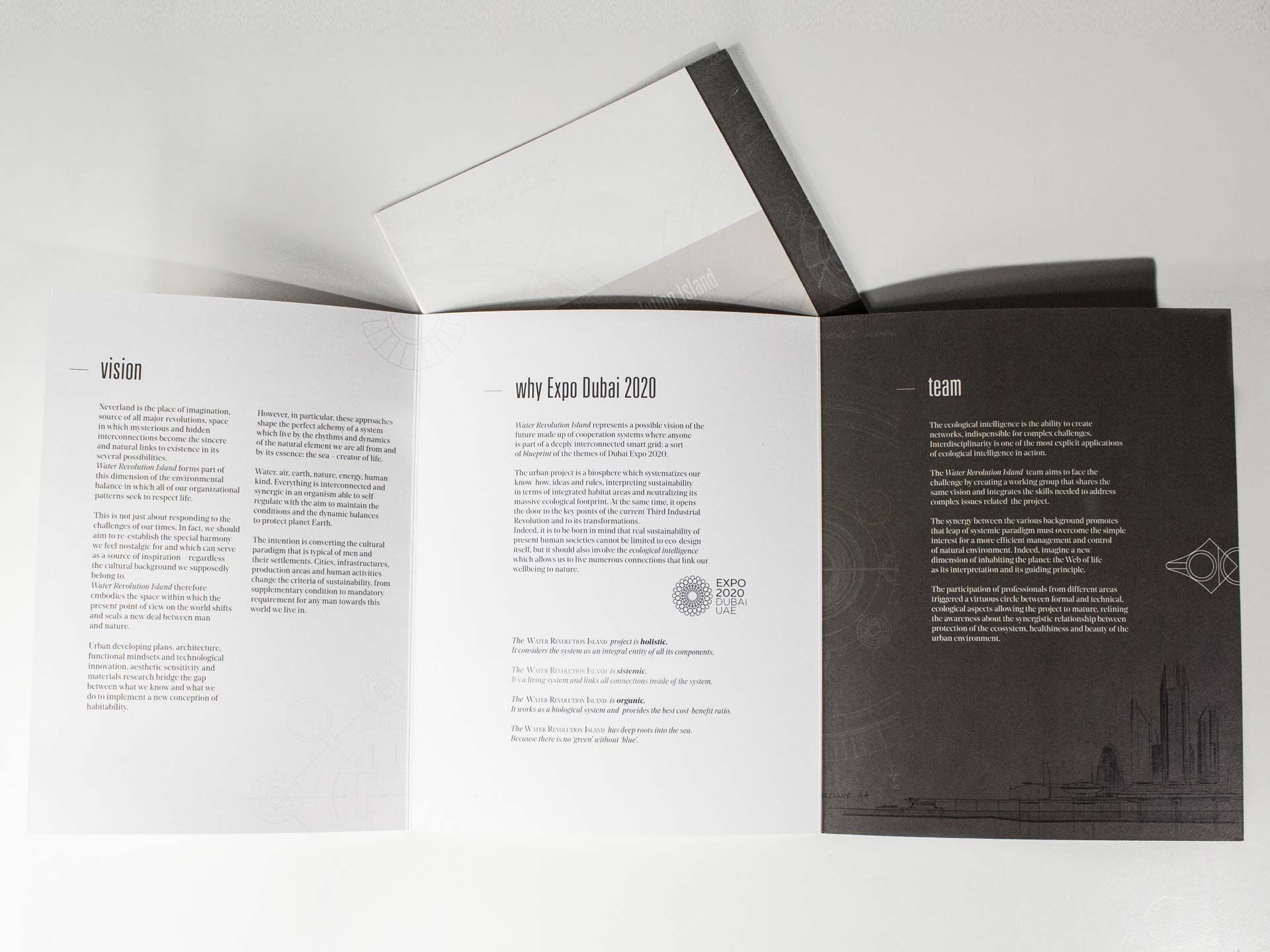 Brochure Expo Dubai 2020 aperta con copertina skyline grigia e pagine interne bianche multicolonna. Sprint24.