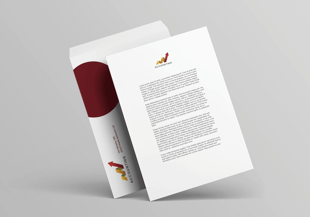 Busta sacco e intestata personalizzate Accounting con logo freccia rosso oro. 7 formati 100g Sprint24.
