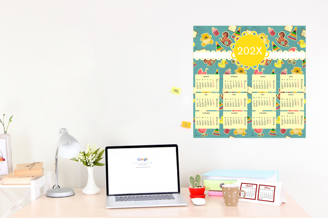 Calendario annuale design sole botanico vivace. Foglio singolo con griglia mensile per decorazione workspace.