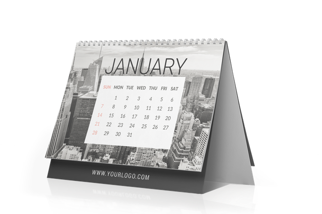 Mockup calendario tavolo spirale metallica foto paesaggio urbano e spazio logo aziendale per branding. Sprint24.