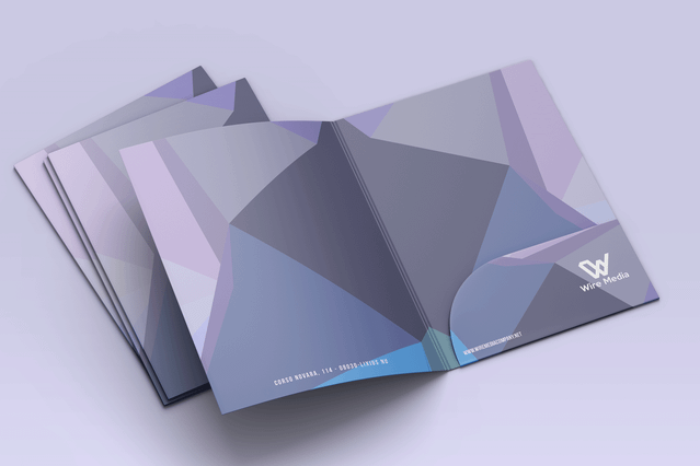 Cartellina tasca Wire Media motivo poligoni viola blu grigio. Stampa colore premium Sprint24.