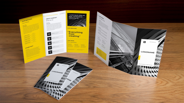 Pieghevoli stampati professionalmente design vivaci giallo e bianco per campagne marketing aziendale. Sprint24.