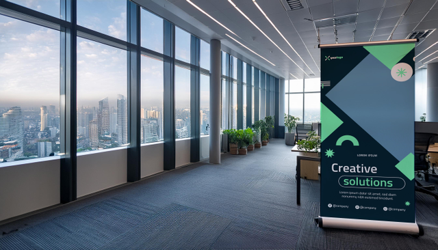 Un rollup personalizzato con design geometrico verde e scuro esposto in un ufficio moderno luminoso con vista sulla città. Mostra l'impatto visivo immediato di un espositore rollup stampato in ambienti professionali. Leggero e trasportabile, il rollup è ideale per uffici, fiere ed eventi promozionali a Roma.