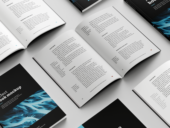 Libri brossura aperti mockup dall'alto layout interni a colonne e copertina scura con grafica blu. Sprint24.