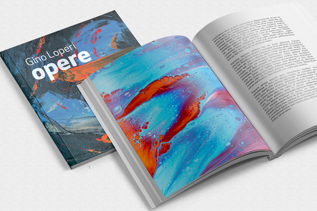 Libro filo refe aperto con pittura astratta blu arancione, accanto a 'Gino Loperi Opere'. Rotostampa.