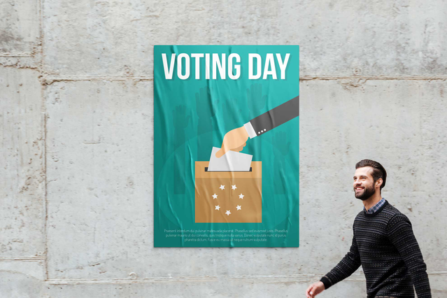 Poster grande formato Voting Day su muro cemento con passante. Stampa eventi e campagne outdoor Sprint24.