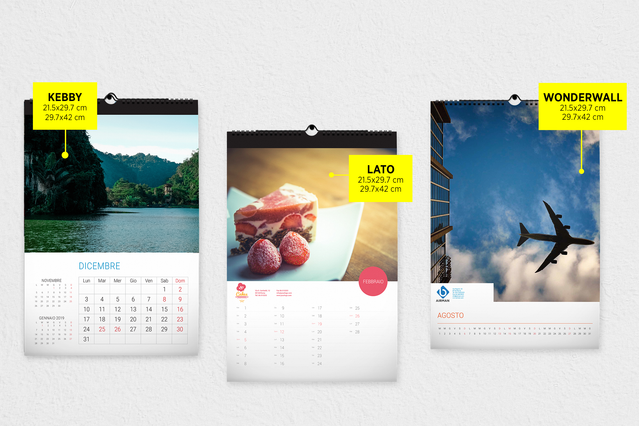 Calendario da muro 7 fogli 31.2x43cm con template pronti all'uso. Piena personalizzazione foto e testi.