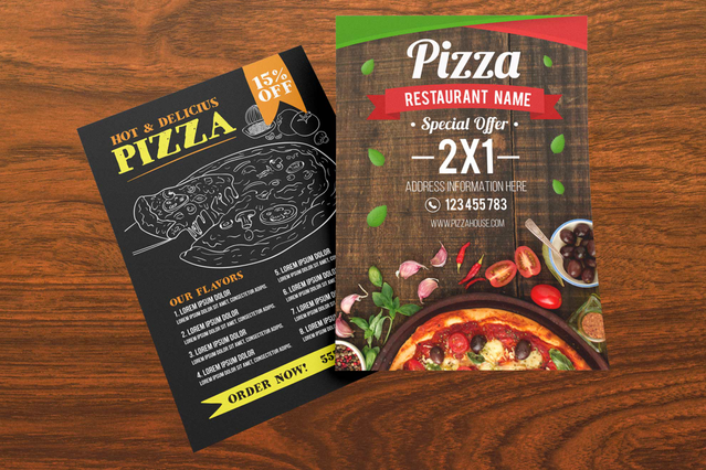 Volantino A5 fronte-retro pizzeria con promo 2x1. Foto pizza fronte e menu nero retro in stampa lucida alta qualità.