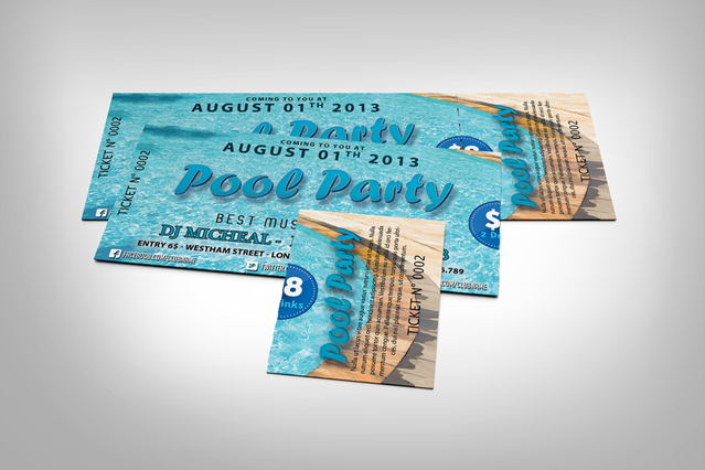 Tre biglietti pool party numerati madre-figlia con design acqua blu. Matrice progressiva Sprint24.