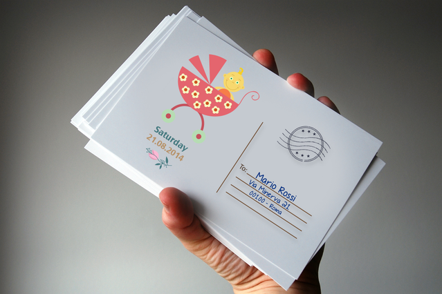 Stampa online Invito Baby: Stampa Cartoline postali personalizzate a Roma. Scegli la qualità di stampa della tipografia con più di 50 anni esperienza.